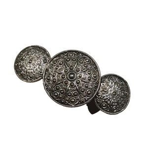 Hair Barrette Tension Clip Brutalist Roman Shield Design Silver Tone